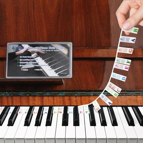 Piano Key Stickers Note Labels, Azymi Removable Keyboard Note Guide for Beginner for 88/76/61/54/49/37 Keys Reusable Silicone Strips Multi-Color Larger Bold Letter for Kids