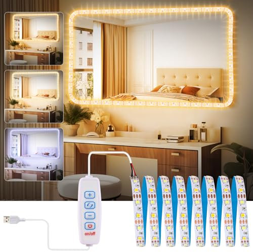 Taekooki 2M LED Spiegelleuchte Schminktisch Licht Make Up Licht 3 Farben und 9 Dimmerstufen, Spiegel Beleuchtung Spiegelleuchte für Make up Eitelkeits Tisch