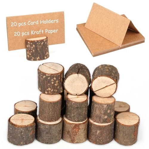 Kartenhalter Holz, 20 Stück Tischkartenhalter mit 20 Stück Kraftpapier Tischkarten, Fotohalter Holz, Menükartenhalter für Hochzeiten, Restaurants, Bankette, Party
