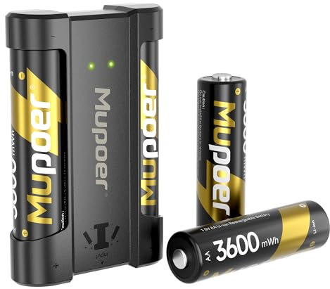AA Rechargeable BatterIes with Charger,3600mWh Lithium Aa Battery 4Count 1.5V,Double A Batteries High Capacity,Rechargeable Battery Aa Lithium ion with Mini Charger,Lithium Batter for Blink Xbox