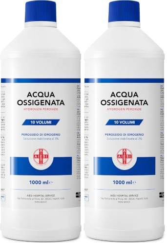 AIESI® Acqua Ossigenata disinfettante F.U. 3% 10 Volumi con tappo di sicurezza per bambini flacone da 1 litro, Made in Italy (Confezione da 2)