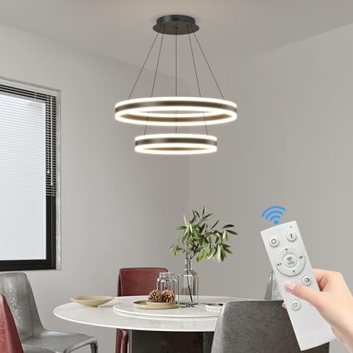 Mikeru LED Dimmbare Pendelleuchte, 20+40cm Modern Esszimmer Obere Und Untere Zweischichtige Leuchtende 10% Bis 100% Pendelleuchten Höhenverstellbar mit Speicherfunktion 3000k/4500k/6500k für Küche