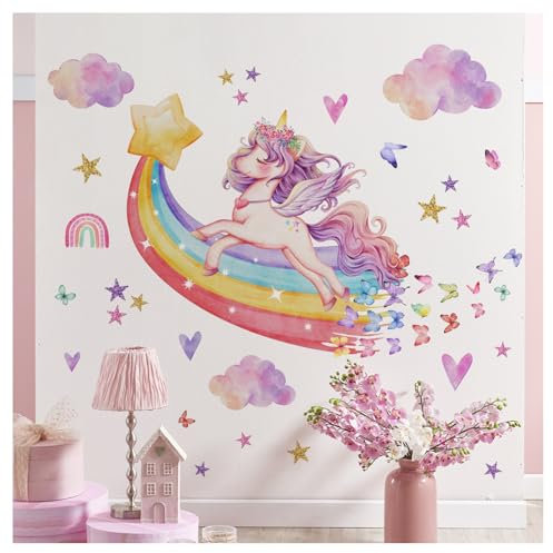 Nurila Wandtattoo Kinderzimmer, Wandtattoo Regenbogen Wolken Kinderzimmer mädchen für Wandsticker Kinderzimmer, Schlafzimmer, Wanddeko, Einhorn