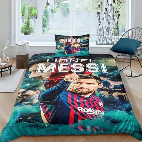 Messi Bettbezug-Set Weiches Microfaser Bettwäsche 3-TLG. Mit Reißverschluss & Kopfkissenbezug Für Erwachsene Kinder Single（135x200cm）