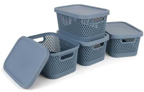 Spesh 4 Pcs Storage Boxes with Lids 3.5L Small Storage Baskets Stackable Plastic Storage Boxes for Home Office Cupboard(Blue, 24 * 17 * 12cm)