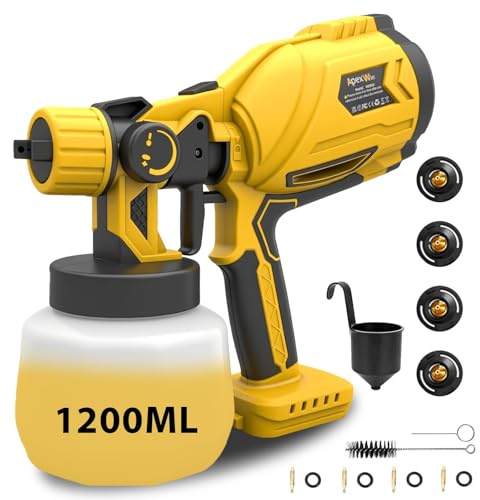 Paint Sprayer Cordless 800w HVLP丨Paint Sprayer Gun for DIY,Deck,Fence,Wall,Etc.4xCopper Nozzles,3 Spray Patterns,1200ml Tank–Easy to Clean,Fit for Dewalt 18-21V Battery（Battery Not Included）