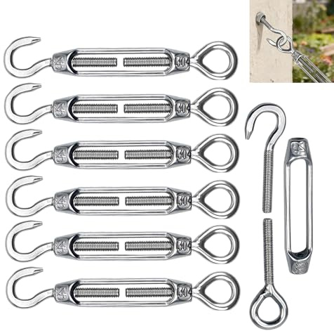 Pack of 6 Heavy-Duty Turnbuckle Wire Tensioners - M4 Stainless Steel Hook and Eye Tensioners for Adjustable Rope and Cable Tension - Durable Garden and Indoor Wire Tensioner Kit for Various Applicatio