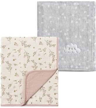 CREVENT 2 x 75 cm x 100 cm, niedliche, gemütliche, Flauschige, warme Babydecken für Säuglinge, Kleinkinder, Bettwäsche, Kinderbett, Kinderwagen – graue Wolke + Musselin-Blume