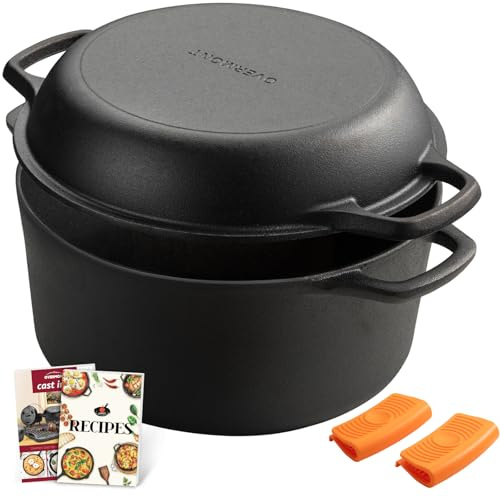 Overmont 2 in 1 Pentola Olandese In Ghisa - Padella Casseruola in Ghisa Pre-stagionato con Coperchio - Doppia Funzione Dutch Oven - per Campeggio Cucina Casalinga BBQ Bake - 6.6 L/ 7 Quart | Pentola da forno olandese + coperchio per padella a doppia funzione, pre-stagionato, con manici per campeggio, casa, cucina