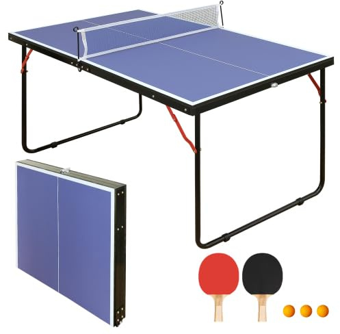 Table de ping-pong pliable, peu encombrante, mini table de ping-pong, résistante aux intempéries, pliable pour l'extérieur et l'intérieur, petite avec pied, bleue