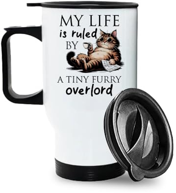 Getagift My Life is Ruled by A Tiny Furry Overlord | Kitten Lover Humour Gift for Cat Mum or Dad, Pet Parent, Animal Lover, 14oz Insulated Travel Mug. (White)