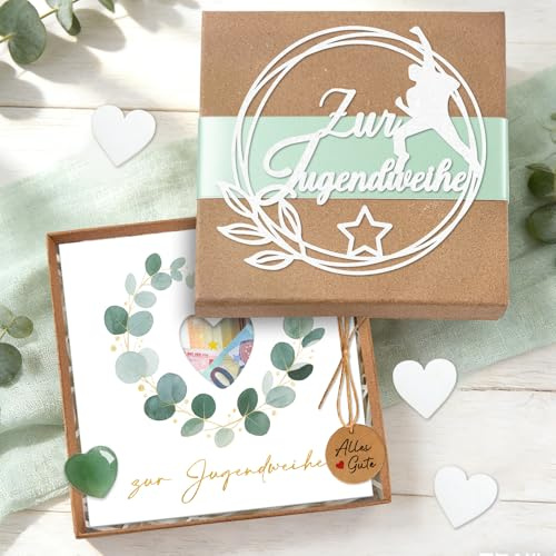 Jugendweihe Geschenke für Mädchen Junge, Elegante Geldgeschenk Verpackung Geschenkbox & Karte & Glücksstein, Eukalyptus Jugendweihe Karten