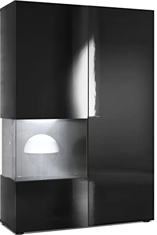 Vladon Vitrine Kommode Hochschrank Morena, Made in Germany, Korpus in Schwarz matt/Rechte Tür und der Einsatz in Schwarz Hochglanz, inkl. LED Beleuchtung