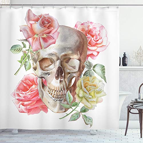 ABAKUHAUS Schädel Duschvorhang, Zarte Blüte Schädel, Stoffliches Gewebe Badezimmerdekorationsset mit Haken, 175 x 200 cm, Rosa Hellbraun