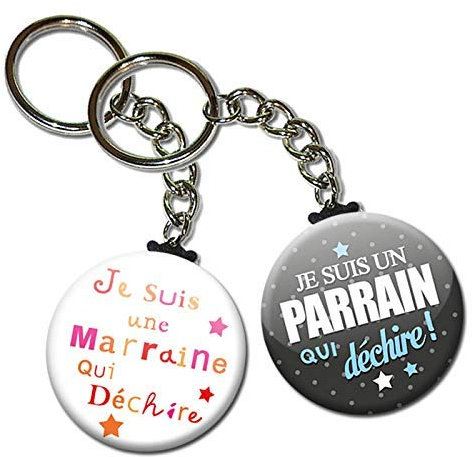 Duo lot de 2 Porte Clés Chaînette 3,8 centimètres je Suis un Parrain Une Marraine qui Déchire Idée Cadeau Accessoire Naissance Baptême Communion