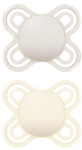 MAM Perfect Schnuller 0-2 Monate (2 Stück), dünnere und weichere Babyschnuller mit selbststerilisierender Reiseetui, Neugeborene Essentials, Creme/Weiß (Designs können variieren)