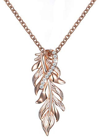 GW Damen Halskette 925 Sterling Silber mit Feder Anhänger Zirkonia Edelstein Damenhalskette Ketten Geschenk (Golden-XLY081)