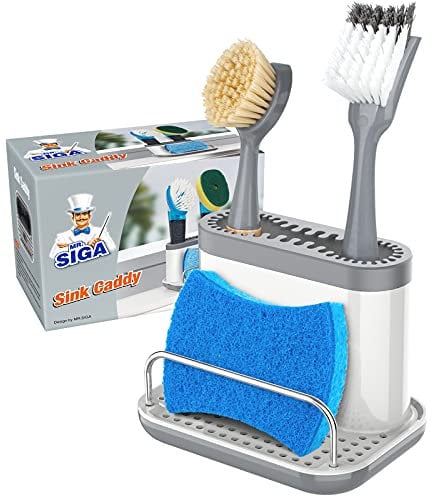 MR.SIGA Sink Caddy, Kitchen Sink Organizer Sponge Brush Holder with Drip Tray, White & Gray