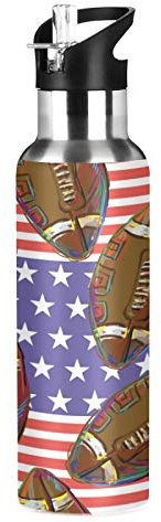 MNSRUU Bouteille d'eau isotherme en acier inoxydable avec paille Motif football américain 590 ml