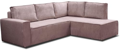 Beautysofa - Ecksofa mit Schlaffunktion - Sofa mit praktischer Aufbewahrungsbox - Sofa aus geripptem Veloursstoff POSO - Relaxsofa für das Wohnzimmer - Rechts - 238x195x90cm - Rosa (Poso 27)