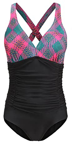 F FLYRONG Swimming Costume for Women V Neck One Piece Tummy Control Swimsuits for Women Swimwear (Printed- Rose red, Medium)