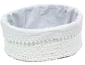 (2) DOS CESTA OVAL TIRAS DE PAPEL BLANCA CON TELA BLANCA. bandejita de papel decoración. Bandejita almacenaje. Bandeja de papel utensilios baño. Bandeja de papel lotes de productos (19×14.5×8)