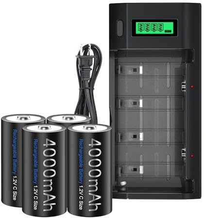 4 Counts Rechargeable C Batteries with Charger for AA/AAA/C/D/9V Battery