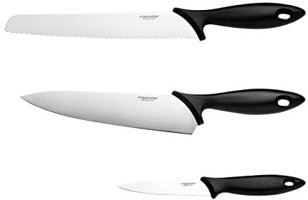 Fiskars Starter-Set, 3-teiliges Messer-Set, Kochmesser, Brotmesser, Schälmesser (Klingenlängen: 20 cm, 23 cm, 11 cm), Essential, Edelstahl / PP-Kunststoff, Schwarz, 1065583