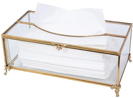 SLHEQING Tissue Box Holder Gold, Cosmetic Tissues Box Glass Tissue Box Cover, Rectangular Tissue Dispenser, Tissue Holder Box for Dresser, Bathroom, Dining Room, Bedroom, Office, Hotel