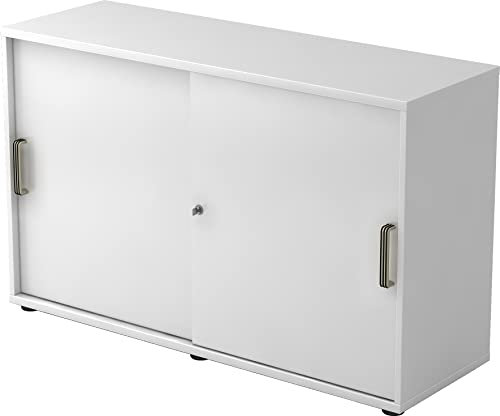 bümö Schiebetürenschrank 2OH - Aktenschrank abschließbar, Sideboard Schrank mit Schiebetüren in Weiss, Streifengriff - Büroschrank aus Holz mit Schiebetür, Büro Kommode für Ordner & Co.