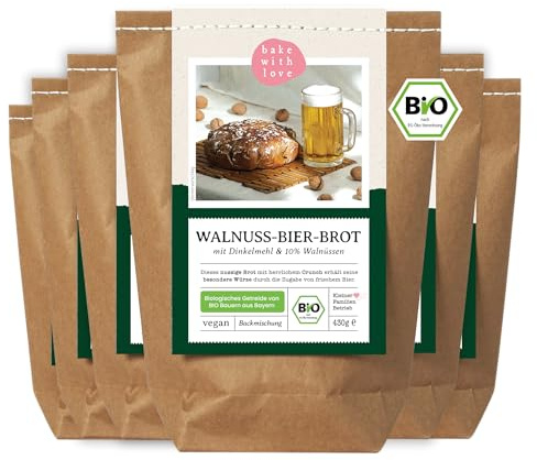 Bio Walnuss-Bier-Brot Backmischung - Brotbackmischung Geschenk für Bierliebhaber und Männer - Brotbackautomat geeignet - Bake with Love - (6er Pack)