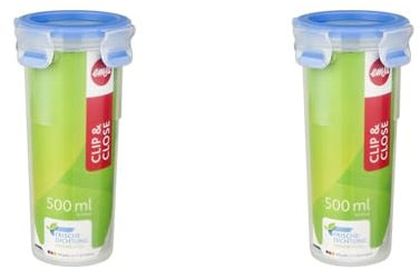 Emsa 508554 Clip & Close Trinkbecher| 0,5 Liter | Rund | mit Deckel | Besondere Frische-Dichtung | Transparent/Blau (Packung mit 2)