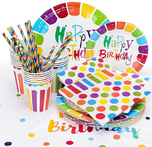 Ensemble de vaisselle de fête d'anniversaire arc-en-ciel 121 pièces, assiette de fête d'anniversaire EUBSWA gobelets en carton serviettes nappe anniversaire enfant vaisselle de fête pour 20 invités