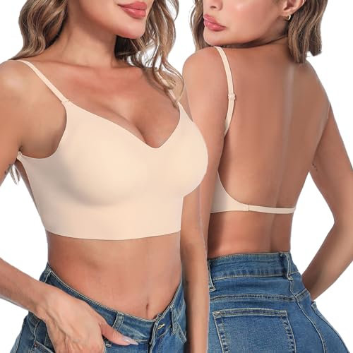 Crewhpo Reggiseno da Donna Basso Comfort Reggiseno Senza Cuciture Push-Up Reggiseni a Forma di U Reggiseni Leggero Comfort Reggiseni Senza Ferretto Beige-S