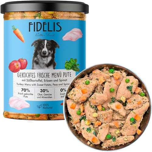 Fidelis – Gekochtes Frische-Menü mit Pute, Süßkartoffel, Erbsen & Spinat (6 x 400g Glas) – Hundefutter nass mit 70% Fleischanteil & frischen Zutaten – Nassfutter ohne Zusätze & ungekühlt haltbar