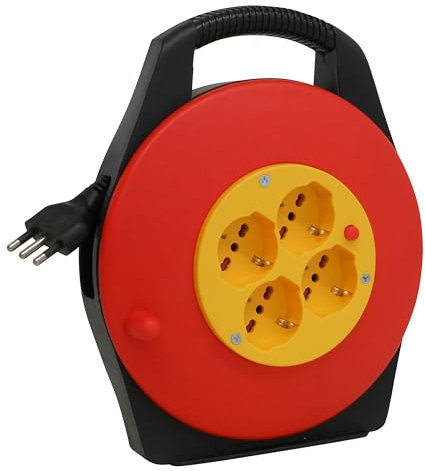 eacommerce - Avvolgicavo Elettrico 5m con Spina 16A e 4 Prese 10/16A Schuko | Dotato di Disgiuntore Termico | Maniglia Ergonomica per Trasporto, Nero, 5 Metri
