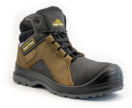 WORKPOWER – Sicherheitsstiefel S3 Maurice für Herren – Sicherheitsschuhe mit metallfreiem Durchtrittschutz & Kunststoffkappe – verfügbar in den Größen 40 (Grau/Braun)