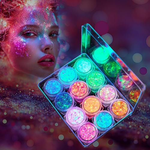 Fluoreszierendes Glitzer 12 Farben,Body Glitter,Festival Glitzer,Glitzer Gel für Nagelkunst und Körper,Gesicht,Haare,Kleidungsdekoration,Feminine Glitzer Make Up Pailletten und Festival Zubehör