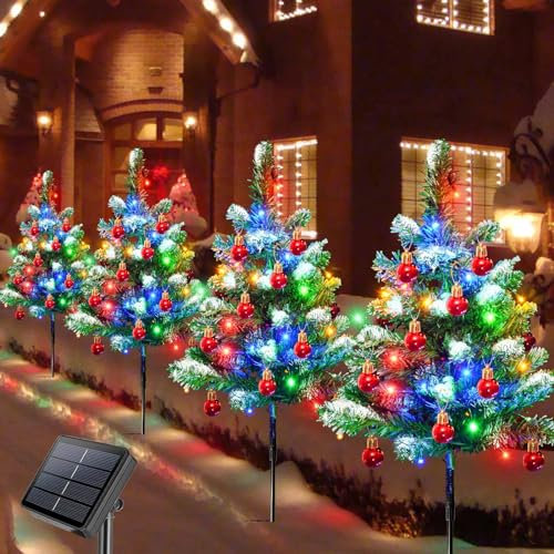 Homeleo Upgraded Set of 4 Solar Christmas Tree Outdoor, Waterproof 80 LED Christmas Pathway Lights, Prelit White Christmas Tree with Red Ball Ornaments for Christmas Outside Yard Decor