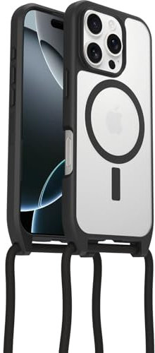 OtterBox React Series Necklace MagSafe Case for iPhone 16 Pro, Ultra-Slim, Protective Case with Adjustable and Detachable Necklace Strap, Tested to Military Standard, Clear/Black, Non-Retail Packaging