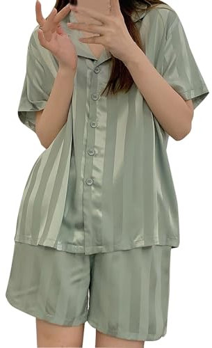 Generico Vestaglia 𝐃onna in Pile con Cappuccio Pigiama da Donna Set 2 Pigiami Pigiama Set Maniche Corte con Bottoni Pigiama 𝐃onna Velluto Elegante (Green, M)