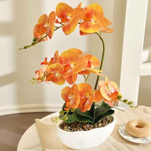 GreenHouzz 19 H Phalaenopsis Faux Orchid Plant Silk Orchid Centerpiece Artificial Floral Arrangement in Ceramic Pot (Orange)
