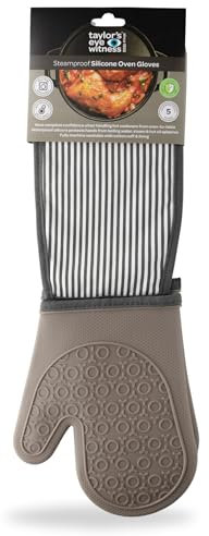 Silicone Double Oven Gloves Grey Stripe – Steam Proof, Waterproof Heat Resistant (Upto 250°C/480°F). Safe From Boiling Water & Hot Oil. Machine Washable, BPA & Phthalate Free. 5 Year Guarantee.