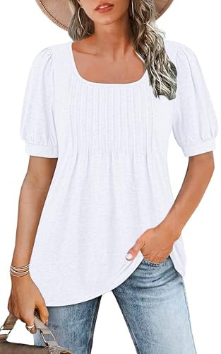 WNEEDU Ladies Tops Square Neck T Shirts for Women UK Summer Puff Short Sleeve Blouses Pleated Tunic Tshirts Flowy Elegant Casual Tee White M