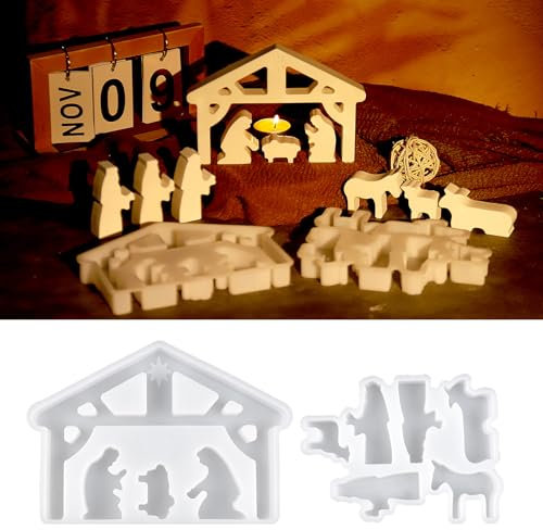WIKIMO 2 Stück Silikonformen Gießformen Krippe, Silikonform Weihnachten für Krippensets–Gipsformen zum Gießen für Weihnachten, Krippenfiguren Silikon für DIY Handwerk, Heimdekoration, Kerzen, Gips