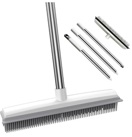 2 In 1 Rubber Broom Carpet Brush With Adjustable Long Handle Soft Push Broom Compatible With Pet Cat Dog Hair Fur Removal Carpet Floor Brush