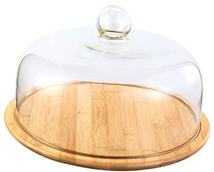 Glaskuppel mit Holzsockel, Kuchenständer, Glocke, klare Glasglocke, Glasabdeckung, Kuchenablage aus Holz (24 cm)