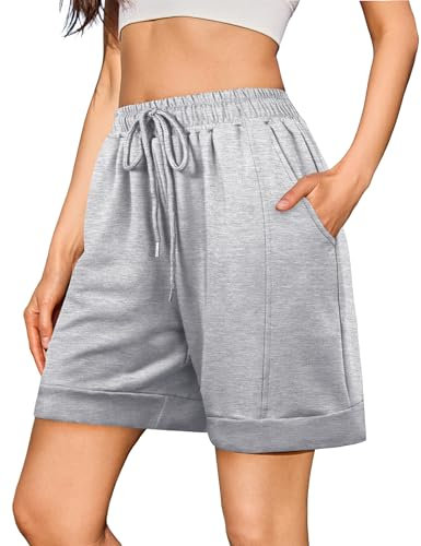 Jezonga Women's Running Shorts Gym Sport Athletic Jogging Lounge Sweat Shorts Summer High Waisted with Pockets for Yoga Workout Knee Length Grey, XL