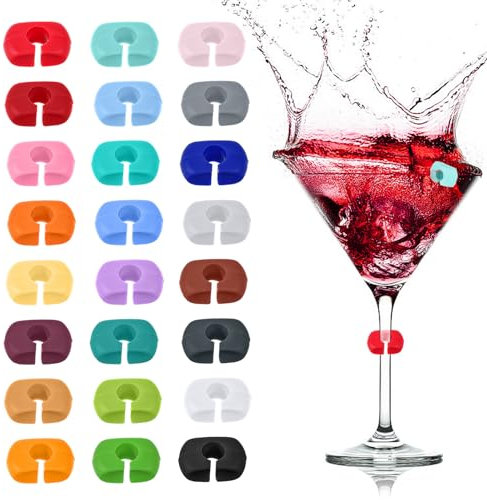 Yuanchu 24 Pcs Wine Glass Charms Markers, Silicone Wine Glass Charms Wine Charms For Stem Glasses Wine Charms for Bar Party Martinis Cocktail Champagne Stem Glasses