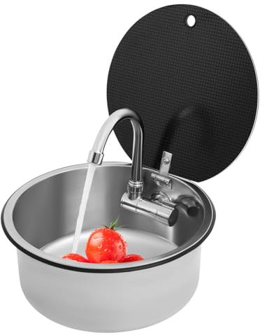 KiwiHood Fregadero de acero inoxidable con grifo plegable, 340 x 340 mm, diseño redondo, para caravanas, yates y cocinas pequeñas, con accesorios y cubierta de cristal
